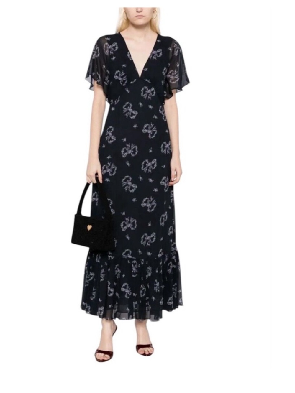 LoveShackFancy Kover Bow
Print Maxi Dress Black V-Neck
Ruffled Size 4